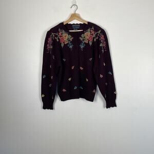 Herman Geist wool blend long sleeve button down floral embroidered sweater Large